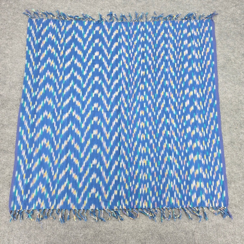 Blue Handwoven Ikat Chevron Fringed Square Scarf Textile 35x35 Boho Artisan